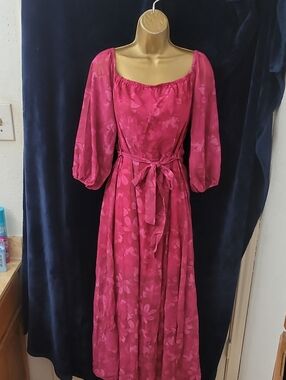 SHEIN Fuchsia Floral Puff-Sleeve Maxi Dress with Tie Waist